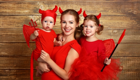 Happy Halloween! - woman, girl, mother, copil, horns, halloween, children, red, demon, little