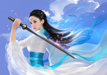 Sword fighter - sword, game, girl, frumusete, blue, white, fighter, fantasy, cosplay, asian, luminos