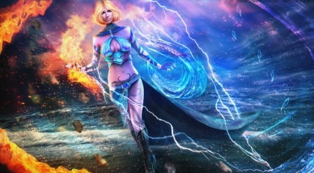 Glyph of storms - water, girl, blue, fire, glyph of storms, fantasy, magicnaanavi, orange, luminos