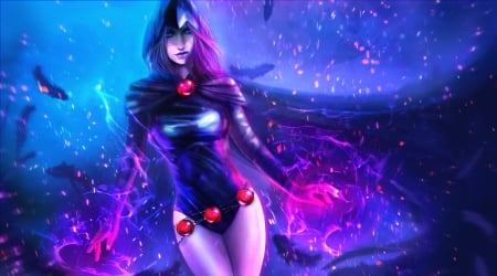 Raven - purple, girl, luminos, pink, blue, magicnaanavi, fantasy, raven