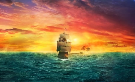 Ship - ocean, water, summer, sunset, fantasy, ship, blue, luminos, orange, island, sea