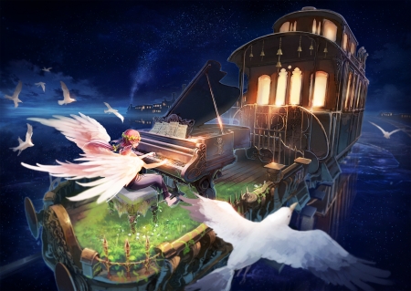 Fantasy - piano, bird, anime, girl, instruemnt, angel, manga, wings, inzanaki