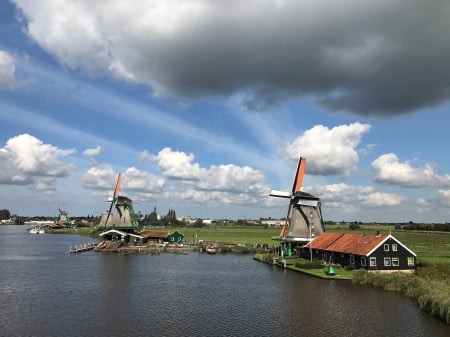 Windmills along the Zaan - River, Windmill, Netherland, Clouds