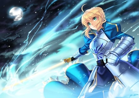 Saber - nice, saber, beauty, sky, female, blond, knight, anime girl, blade, armor, pretty, anime, excalibur, sword, fate sty night, moon, girl, warrior, night, lovely, blue, beautiful, sweet, blonde