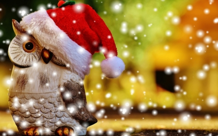 Merry Christmas! - hat, winter, snowflakes, christmas, owl, santa, craciun, red, figurine