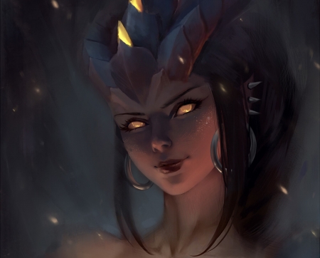 Symetra - face, portrait, girl, dragon symetra, art, fantasy, chubymi, luminos, horns