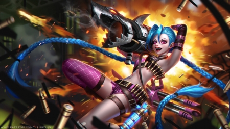 Jinx - fantasy, league of legends, blue, girl, liang xing, pink, jinx, luminos