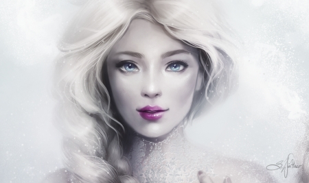 Snow Queen - pink, frozen, fanart, girl, white, fantasy, sandramalie, lips, princess, elsa, luminos, disney, snow queen