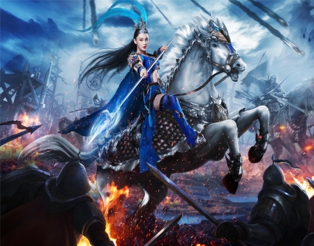 Fan Bingbing - Fan Bingbing, sorceress, blue, queen, girl, horse, actress, battle, fantasy, asian, luminos