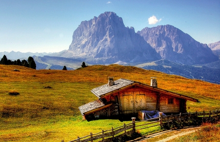 Langkofel mountain, Dolomites, Italy - cabin, autumn, landscape, colors, sky