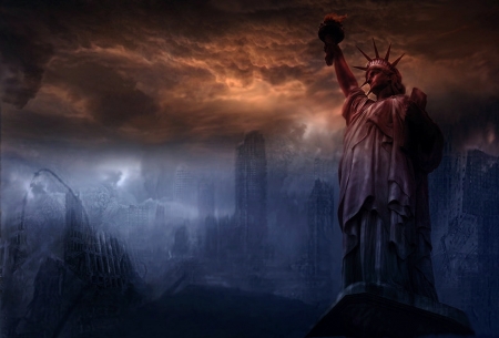 Liberty in Action - new york, art, statue, dark, clouds, skyscrapers