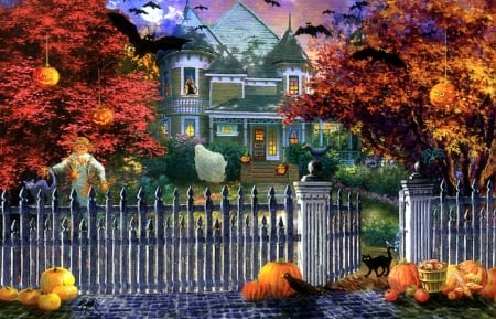 Halloween House - pumpkins, attractions in dreams, paintings, scarecrow, fall season, haunted house, bats, spooky, holiday, autumn, halloween, cats, crows, love four seasons, houses