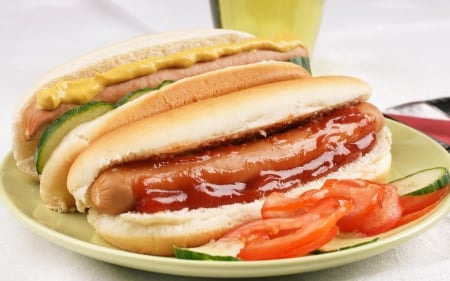 hot dogs - mustard, sausage, tomato, dogs, sauce, bun, plate, hot