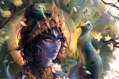 Young Krishna - bird, gianluca rolli, yellow, blue, god, man, fantasy, peacock, pasare, young krishna, art, luminos