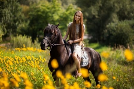 Ride Along The Way . . - women, fun, female, models, brunettes, western, flowers, girls, cowgirl, style, outdoors, horses, ranch