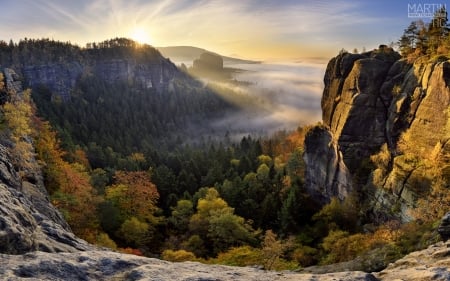 Morning in Saxony, Germany - Germany, Europe, autumn, rock, sunrise, mountains