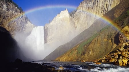 Waterfall Rainbow - sky, mountains, rainbow, rocks, waterfall, nature