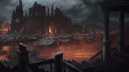 Castle Lava Moat - lava, 3d, digital art, castle, moat, fantasy