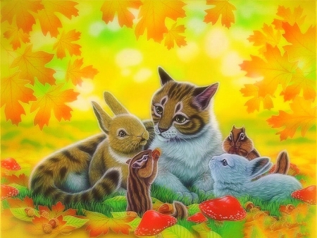 Meetings in the Colorful - trees, attractions in dreams, rabbits, paintings, fall seasons, squirrels, leaves, cat, colorful, forests, nature, autumn, mushrooms, love four seasons, animals