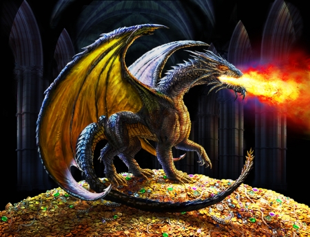 Dragon - fire, fantasy, treasure, dark, dragon, luminos, adrian chesterman, art