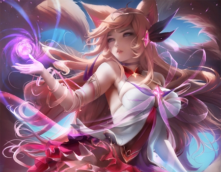 Ahri - girl, fantasy, fox, luminos, pink, blue, nine tails, sakimichan, ahri