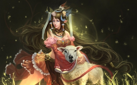 Fantasy girl - sheep, art, girl, lin chen, luminos, pink, animal, fantasy