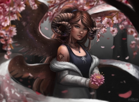 Zodiac ~ Aries - sakura, blossom, aries, lana kerr, girl, spring, angel, flower, horns, fantasy, petal, wings, zodiac, luminos