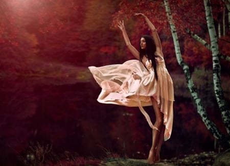 Beauty - water, dancer, dress, girl, wind, autumn, red, woman, model