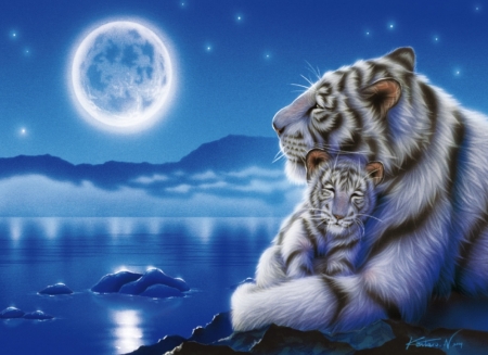 Lullaby - moon, cub, lullaby, night, fantasy, white, art, blue, luminos, luna, tiger