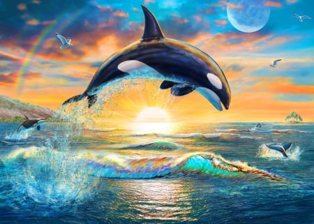 Jumping all summer - whale, water, summer, blue, sea, adrian chesterman, orange, fantasy, sunset, art, luminos