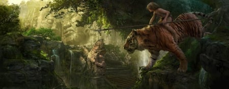 Jungle book - dongjun lu, jungle book, fantasy, ruin, art, luminos, boy, mowgli, tiger