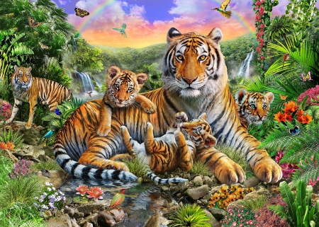 Tigers - cub, adrian chesterman, tiger, family, cat, fantasy, pisica, animal, predator, jungle, cute, art, luminos