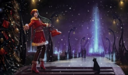 Merry Christmas! - craciun, cat, girl, black, path, pisica, fantasy, purple, red, luminos, anime, manga