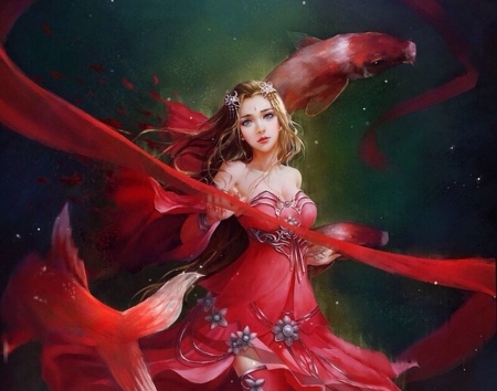 Zodiac ~ Pisces - pesti, vara, zodiac, girl, frumusete, summer, pisces, fantasy, asian, red, luminos, fish, koi