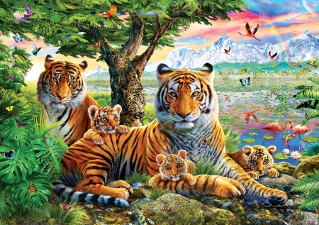 Tigers - predator, cub, cat, pisica, fantasy, tigru, luminos, family, animal, tree, tiger, adrian chesterman