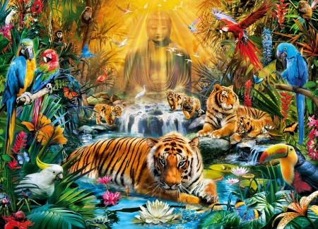 Tigers - bird, water, summer, parrot, tiger, cat, fantasy, pisica, animal, jungle, pasare, tigru, art, luminos