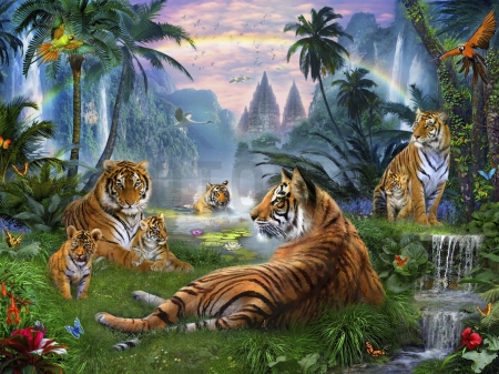 Tigers - summer, tiger, cat, fantasy, pisica, animal, jungle, tigru, luminos