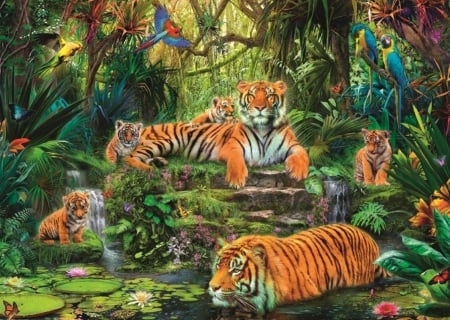 Tigers - summer, animal, tiger, art, cub, family, fantasy, luminos, tigru, jungle