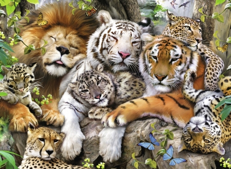 Big cats - paw, cat, lion, pisica, fantasy, tigru, leopard, art, luminos, tiger