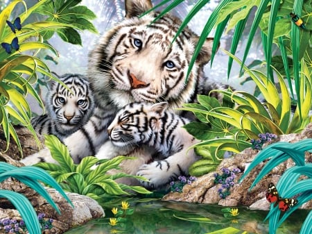 Tigers - summer, animal, tiger, cat, pisica, cub, fantasy, lumino, tigru