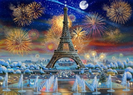 Eiffle Tower by night - moon, water, adrian chesterman, night, eiffel tower, fantasy, art, fireworks, luminos