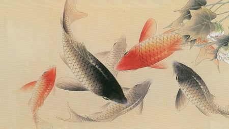 Chinese Koi & Flowers - painting, china, blossoms, koi, fish, flowers, firefox persona theme