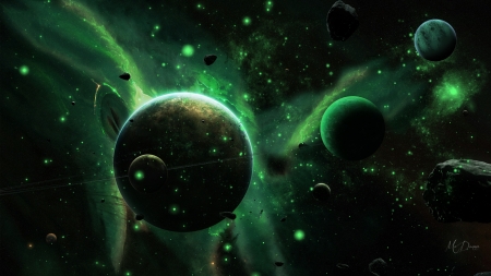 Space Green by Mâ™¥Donna - space junk, milky way, planets, stars, green, space, firefox persona theme, rocks