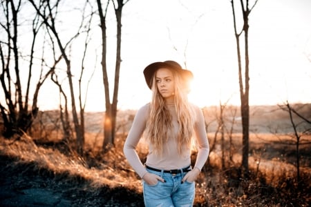 Sunset Cowgirl . . - style, girls, western, women, models, hats, ranch, outdoors, cowgirl, female, sunset, blondes, fashion