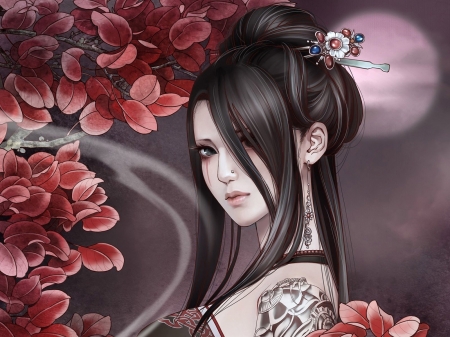 Pink moon - moon, tattoo, girl, pink, zhang xiao bai, frumusete, fantasy, autumn, red, leaf, art, asian, luminos, luna