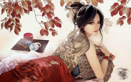 Beauty - girl, frumusete, fantasy, zhang xiao bai, tattoo, leaf, asian, luminos, autumn