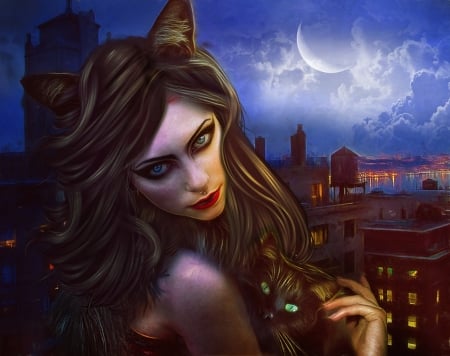 Meow - woman, lulebel, moon, cat, girl, night, pisica, fantasy, ears, luminos