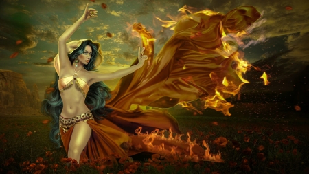 Shall we dance - girl, dance, luminos, orange, shinyshadowsart, fire, fantasy