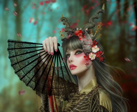 Spring - hand fan, blue, girl, fan, spring, flower, shinyshadowsart, horns, frumusete, black, evantai, hand, red, asian, luminos