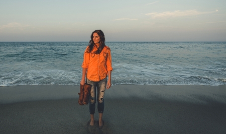 Alone On The Beach . . - women, fun, female, boots, beach, sea, models, brunettes, ocean, girls, cowgirl, style, outdoors